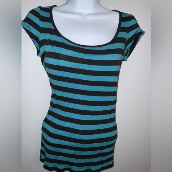Express Teal/Black Striped Sexy Basic Tee - Fitted - Sz S - Picture 2 of 6